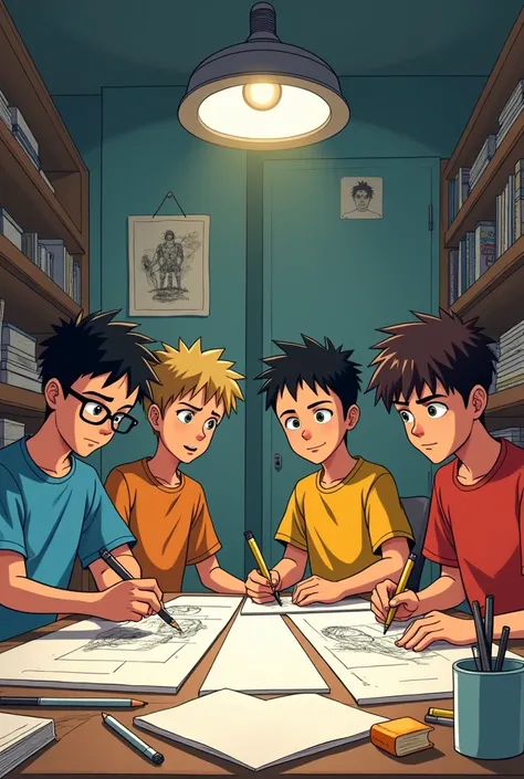 image with 4 Brazilian boys between 13- years old, (1 of the boys wears glasses; all brazilians) in a manga creation room, everyone working on the manga project, with everyone focused on creating the Manga. 2d anime style, masashi kishimoto style