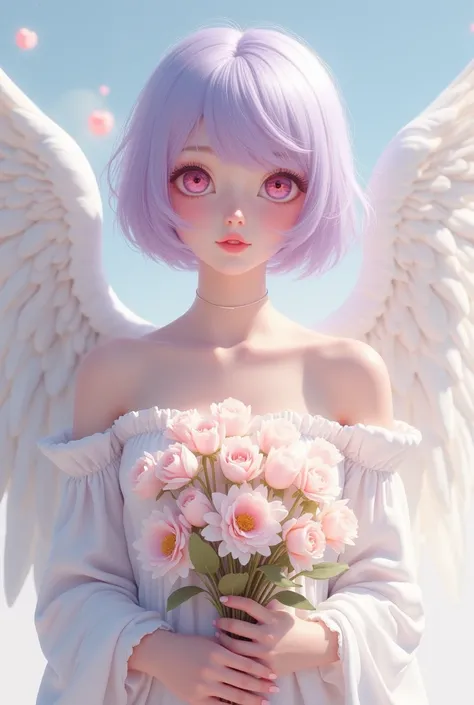 an angel, 2 white wings on her scapula, holding a bouquet of flowers, light pastel colored, white gothic style, 2, beautiful woman, beautiful pink eyes, tareme, light lavender hair, short bob hair, cheeks are blushing, bashful smile, kawaii, simple backgro...