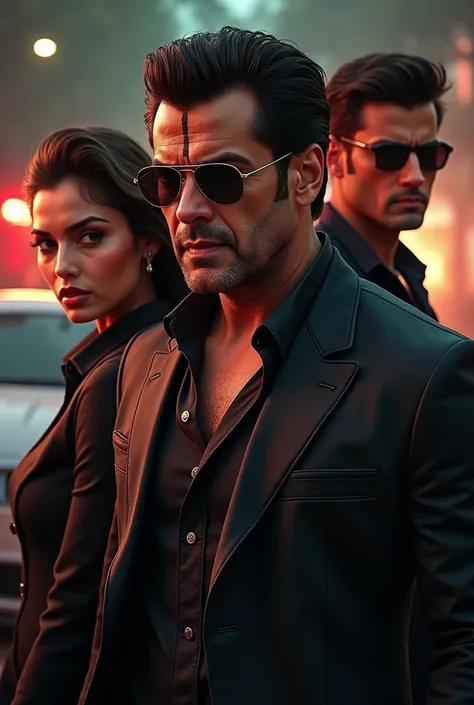 Salman Khan look like mafia and tere naam radhe clothes with Hindu tilak and mascular bodyguards and luxury cars and sunglasses with hot girl and Aishwarya Rai bacchan 