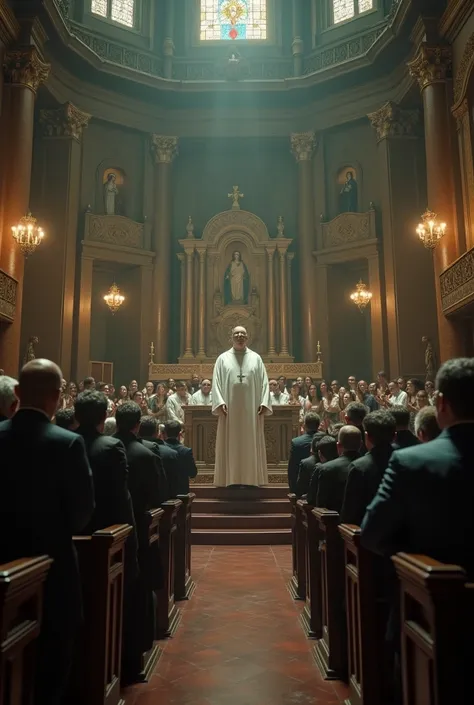 Create an image. 
The scene takes place in a church full of parishioners..We clearly see the face of ANDRÉS MANUEL LÓPEZ OBRADOR, President of Mexico, dressed in a cassock and an alb, is located on the altar. The parishioners seem hypnotized, but also inte...