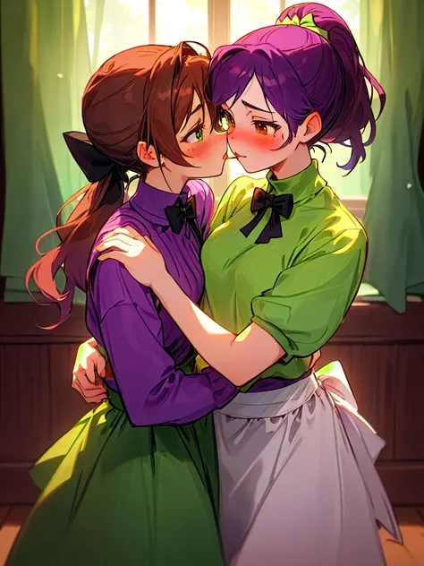 Make an image of Abigail from Stardew Valley, beautiful, wonderful, PURPLE hair, green eyes, small green hair bow, MAID outfit, cute, sweet, loving, blushing, anime version, and her girlfriend kissing (brunette with BROWN hair, brown eyes, ponytail and RED...