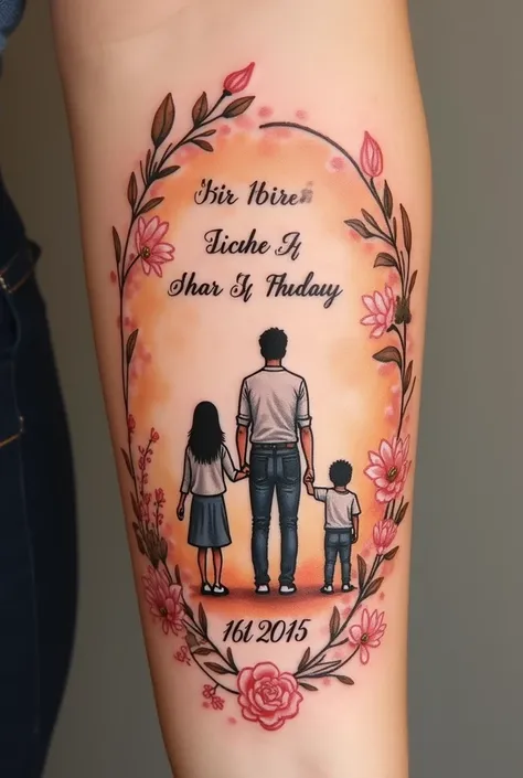 Create beautiful tattoo that says "Abel 06-12-19 and Man 27-11-0"father holding his 2 children&#39;s hands