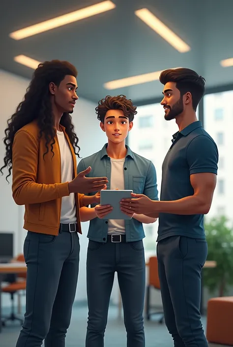 Three young men selling courses, one with very long curly hair, the other short and dark and with a strong body, and the other tall and dark.