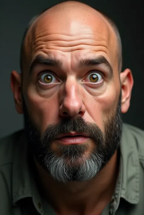 A bald man in his 30s with some beard. The man&#39;s face must show a bit of astonishment