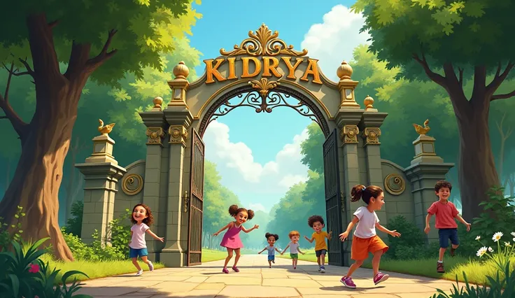 create park gate, the name kidrya above the gate, happy, children, trees, realistic, RAW photo, 