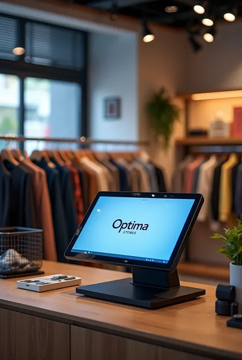 Cash register in a clothing store with Optima stores logo