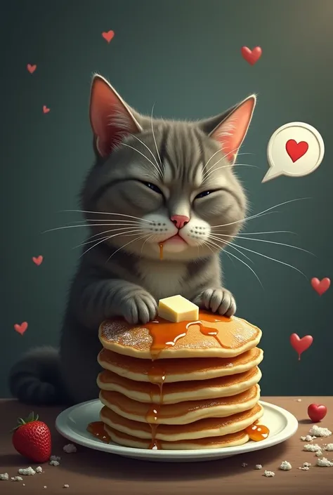 sad cat eating pancakes with a text message where he has a broken heart 