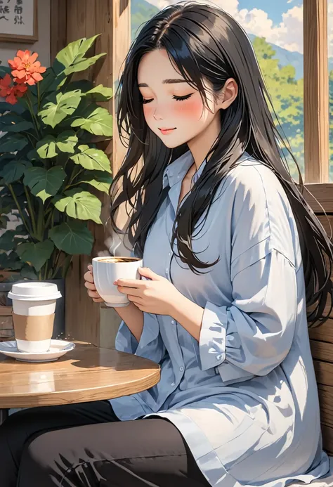 this is a girl holding a cup of coffee  on her lap, 1girl, closed eyes, blush, black hair, cup, holding, long hair, shirt