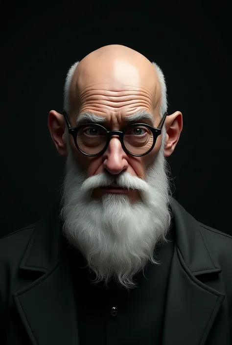 Caucasian man, white beards, calvo, bald aquiline nose,thin face round glasses dark lenses , black thing 