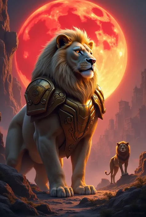 A lion with gold armer on the chest red diamond in  background a model city  moon  of red 
With other lion standin on two leg in baack
