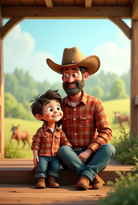 3D cartoon image of a country father and son sitting in a plaid shirt