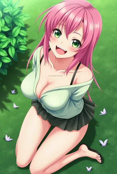 Mitsuri Kanroji, linda, beautiful, pink hair, green bangs,of the green collections,green eyes,big breasts,short skirt, posing sexy and winking, and laughing, 