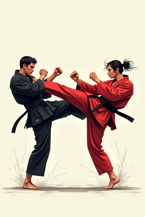 Drawing of two karatekas kicking each other, with red and black colors
