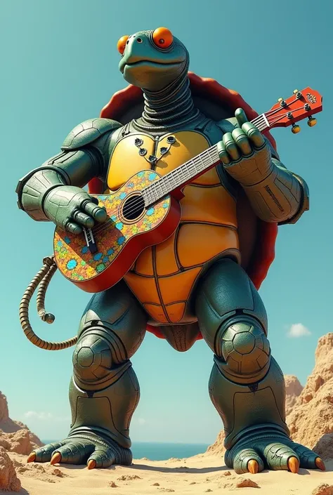 Dancing Days is a Stand with the appearance of a 1-inch humanoid turtle.,50 meters high, who carries a ukulele and wears a typical floral beach outfit. make a turtle half robot and half JoJo