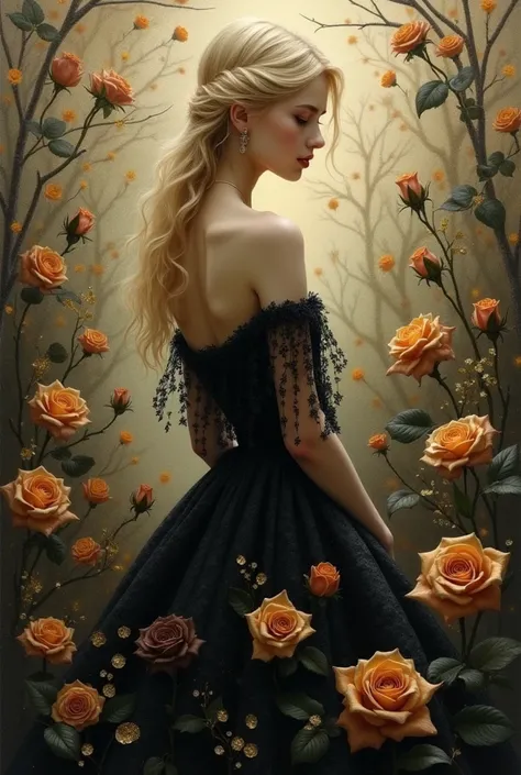 Surreal painting of a blonde girl wearing a black dress studded with golden and brown roses with a surreal black background mixed with golden and orange roses and the girl blends seamlessly into the background in a dream-like scene