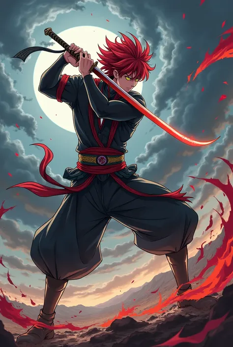 Image of the character Kyōjurō Rengoku from the anime Kimetsu no Yaba in a fighting stance with his sword drawn