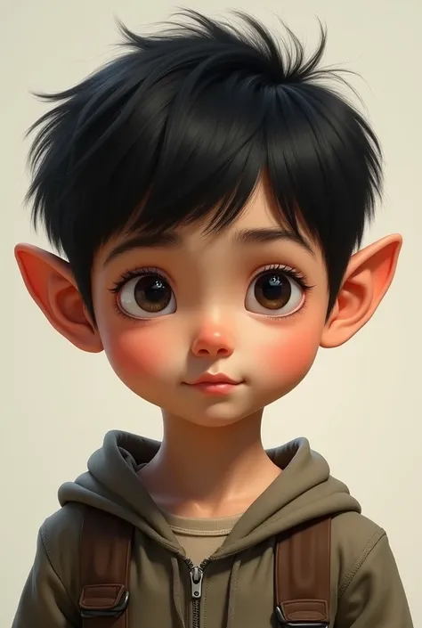 Make an image of a tall, dark-haired boy with straight hair and highlights, big ears, big nose and a big forehead.