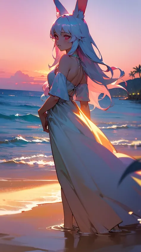 whole body,(masterpiece, Highest quality:1.2), Silver Hair,Shortcuts,Pink long dress,Pink eyes,Pink rabbit ears, Beautiful summer beach scenery, Idyllic Tropical Paradise, Crystal clear turquoise ocean waves, Soft white sand, green々Palm trees, Dramatic sky...