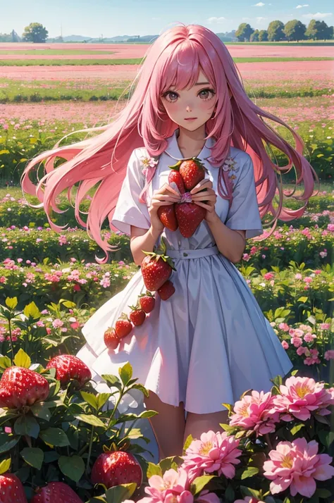 Pink long hair girl holding strawberry flower field