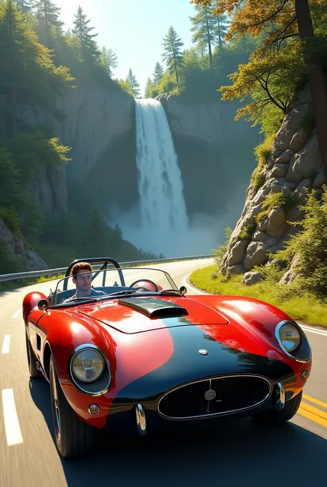 The car is red and black and ride to road in waterfall the car is vintage sunny 