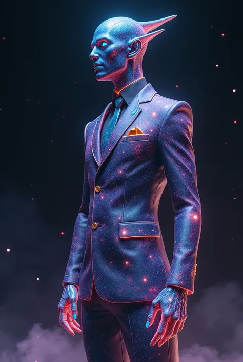 A man with galaxy color skin
 in a suit