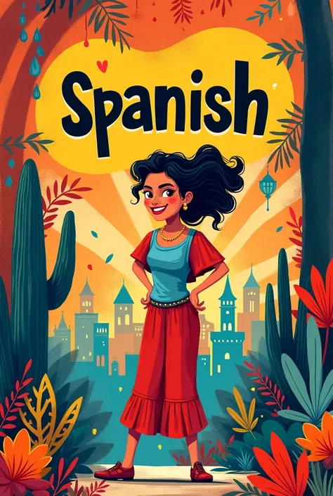 create image of: A poster with the title "Spanish beginner", vibrant and striking colors related to the Hispanic world. Something really fun