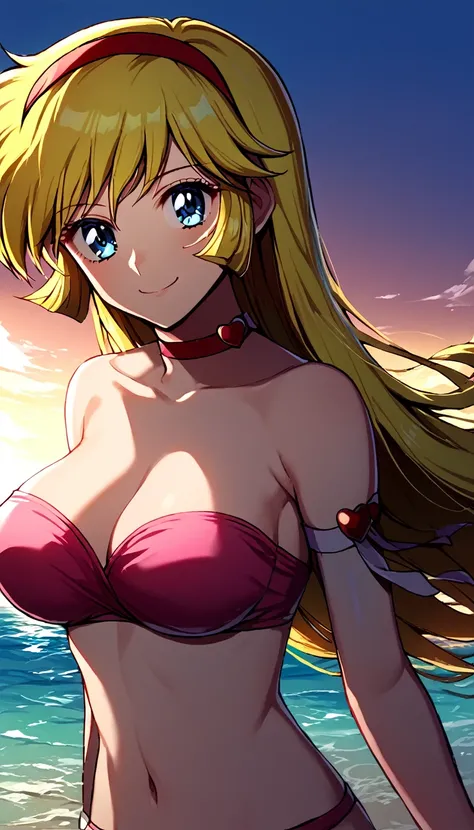 ((kisaragi honey:1.4)), ((masterpiece, best quality, highres, distinct_image)), extremely beautiful and delicate, extremely detailed, intricate detail, 1girl, solo, (blonde hair:1.1), ((pink bandeau bikini:1.3)), (hair band, red), BREAK score_9, score_8_up...