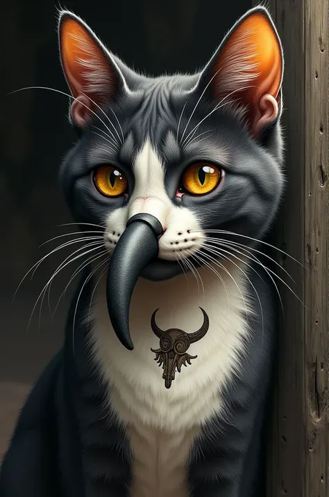 Cat with half plague doctor mask tattoo traditional
