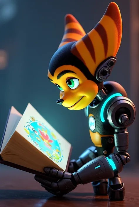 O robô de Ratchet and Clank (no caso o clank) impressed looking on the left side at an open book (a colorful image)