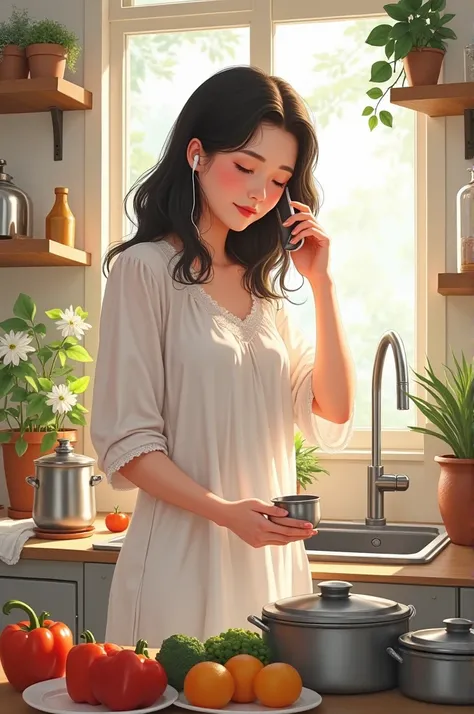 the kitchen and wash tea caddy and wash the pot pot sink and girl one hand phone and calling partner and girl left ear👂 white earbat and girl Hot white nighty clothes and kitchen in pot, vegitable, and flower and kitchen window show all meterial kitchen.