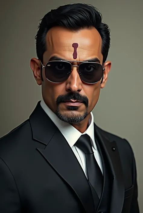 Sanjay dutt vastav look with Hindu tilak and wearing suit and sunglasses 
