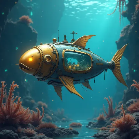    ( Ideal Anatomy )  A high-tech futuristic mechanical creature with a bright brass head and a clear window.(Mechanical Big Fish ) Steampunk submarine underwater submarine in deep sea futuristic style transparent window(The predominantly transparent desig...