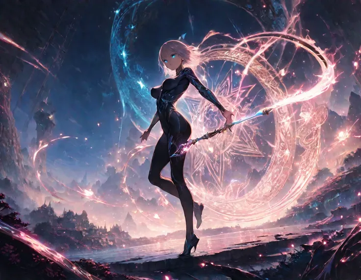 1girl, slender body, large breasts, intricate magical staff, glowing magic circle, energy rings, intense light effects, mid-air, powerful magic, dramatic lighting, pink and blue glow, detailed eyes, ((delicate hands)), artistic depth, fantastical landscape...