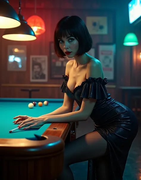 In a late-night pool bar bathed in the warm glow of modern hanging lamps, amidst jazzy music and the scent of cigarette smoke, a ravishing female vampire seductively polishes the billiard tables tip with one knee bent, her short brunette hair perfectly coi...