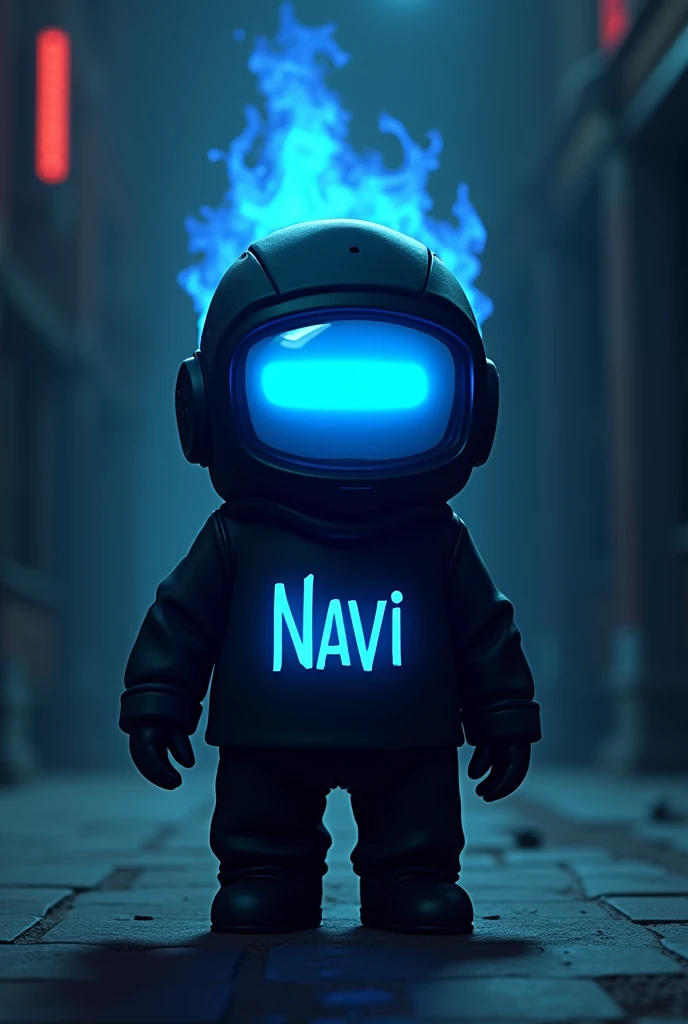 Crie um boneco do among us, with the name Navi on his clothes, black clothes,the name in blue neon, anime styling, blue fire coming out of the eyes 