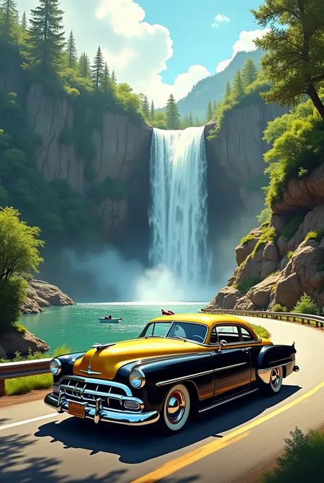 The car black yellow and ride to road in waterfall in sunny the car is vintage 