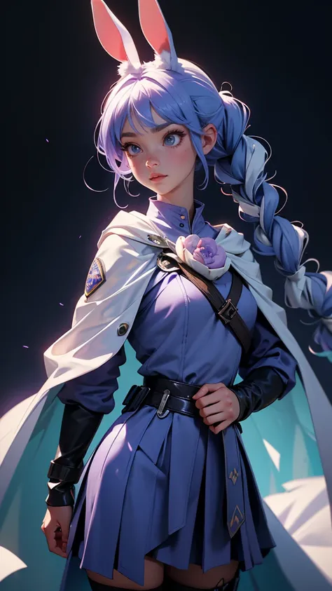 envision a 8k, highres, cinematic, beautiful full body splash art of a woman with lavender blue hair in pigtails, Blue eyes, Military Dress, Bunny ears, Tactical Skirt, fluffy white Cape, explosive accessories, carrot hair ornaments, magic wand, in dark li...