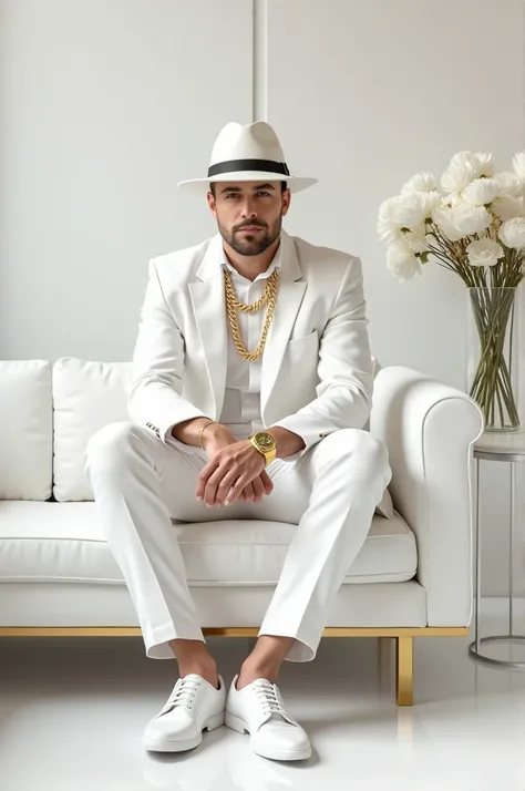 Guy sitting on white sofa and wearing white and white fedora with a golden chain and golden watch with a "vladimir"name on the back with a flower vase on a table