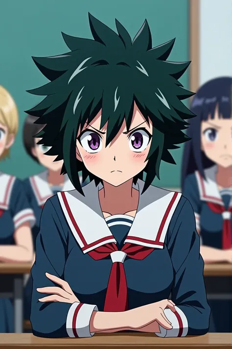 Screenshot of my hero academia. Short black hair girl, pointed and somewhat messy with white spots, Spiky messy bangs. He has purple, tired eyes with black pupils and has a serious expression.. She is wearing a UA uniform and in the background she has a UA...