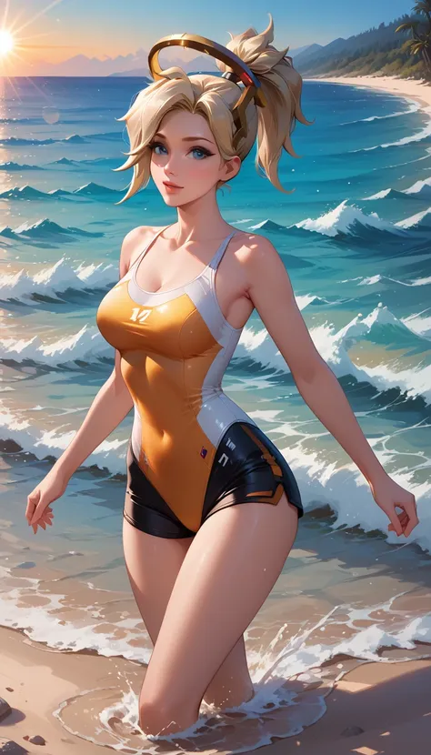 score_9, score_8_up, score_7_up, score_6_up, cinematic film still, solo, 1girl, BREAK mrcy, short hair, high ponytail, halo, cute swimsuit, tight shorts, beach, running on the shore, on sand, graceful, beautiful scene, sunrise, lens flare, highly detailed,...