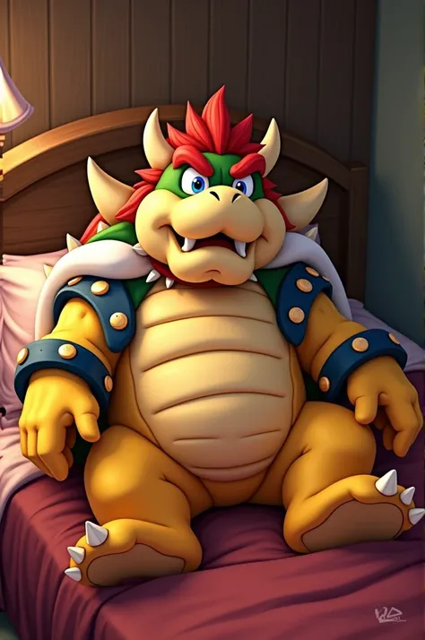 Bowser, the king of the Koopas of the Marios games, Lying on a bed, with his penis ejaculating