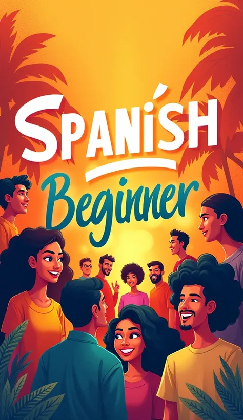 create image of: A poster with the title "spanish beginner", vibrant and striking colors related to the Spanish-speaking world. Something really fun