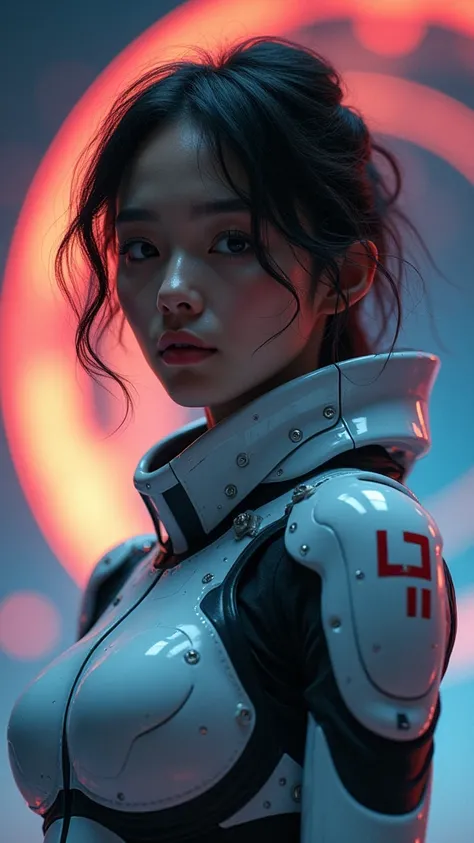 masterpiece, Best Quality, ultra realistic, hyperdetailed, 8k resolution, raw photo, sharp focus, (1 girl), Alone, beautiful face, perfect body, mature woman, 25 years,  portrait, mecha, white armor, natoraj, sexy, messy hair,(futuristic, colorful outer sp...