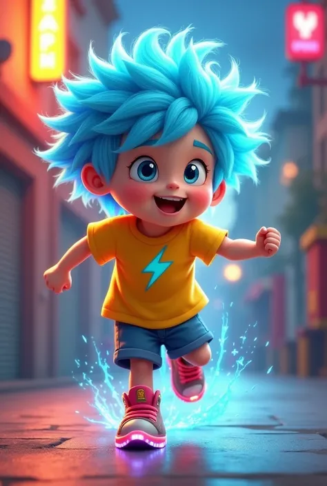 Zappy has short, messy hair, light blue in color, that shines lightly, reflecting your contagious energy. He wears a yellow t-shirt with a lightning bolt on the chest., representing his electric and dynamic personality. Zappy also has a pair of sneakers th...