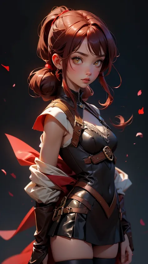 envision a 8k, highres, cinematic, beautiful full body splash art of a woman with dark red hair with small pigtails, yellow eyes...