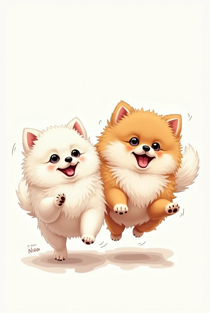 "A drawing of two Pomeranian dogs playing. The white Pomeranian is running forward with a big smile and large, expressive eyes, showing happiness. at your side, a brown Pomeranian is in the air jumping, with front legs outstretched and a mischievous and ch...