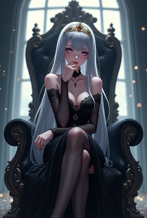  A very beautiful anime style girl super ultra HD 8k high quality resolution A young woman with long, flowing silver hair adorned with crown sits on an ornate black throne. She wears an elegant, form-fitting black gown accented with lace and fishnet stocki...