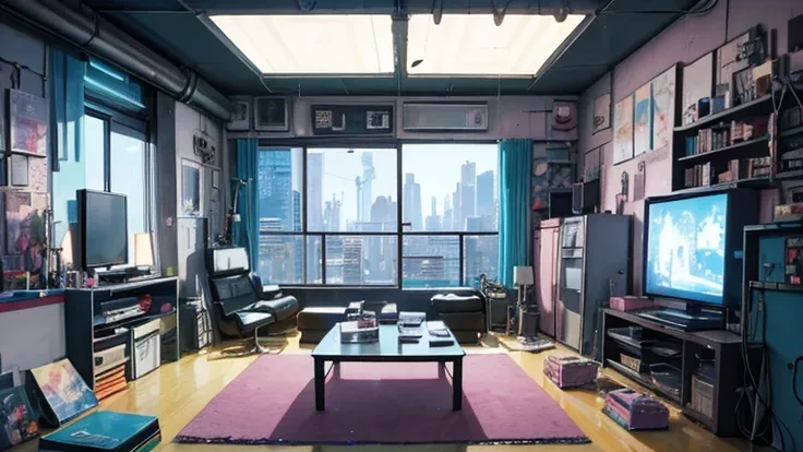 Cartoon of a living room with a TV and a cat, Concept art inspired by Tomer Hanukah, tumbler, Conceptual Art, style of madhouse studio anime, Background Jet Ground Radio, In a cluttered lab, from akira ( 1 9 8 8 ) style, Cyberpunk kids room, Studio Ghibli ...