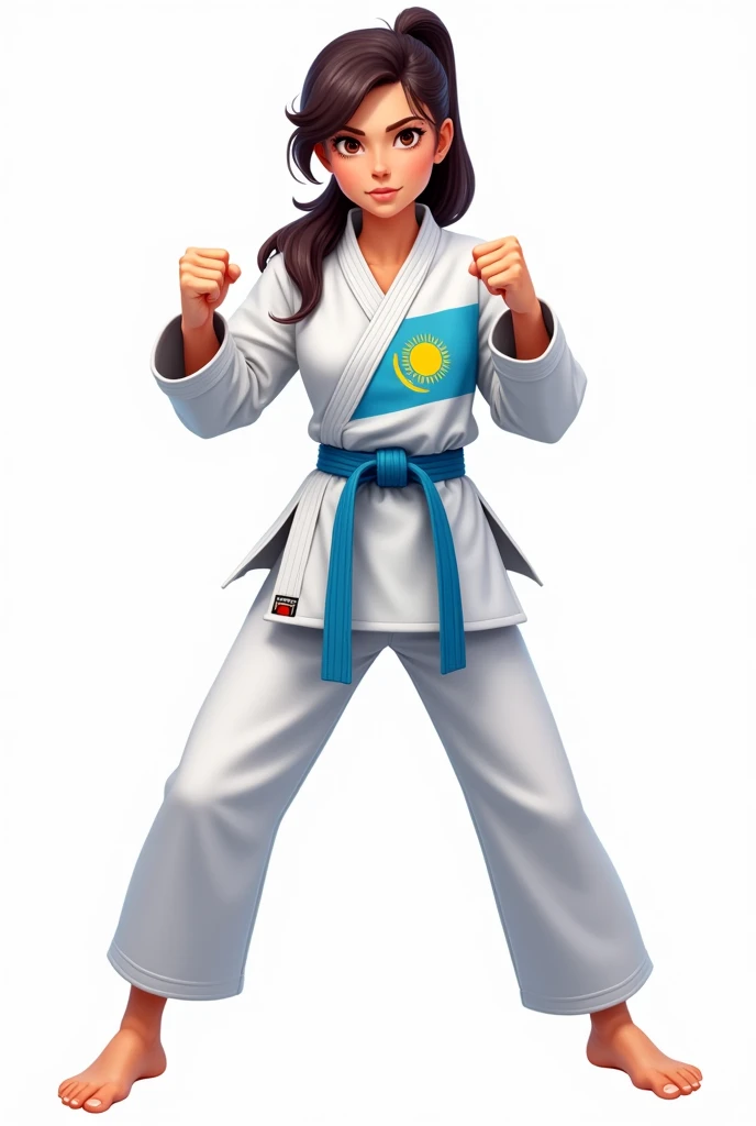 ((officially)) ((masterpiece)) ((Best quality)) ((detailed)) cartoon girl karateka in uniform with emblem flag of Kazakhstan in fighting stance on white background