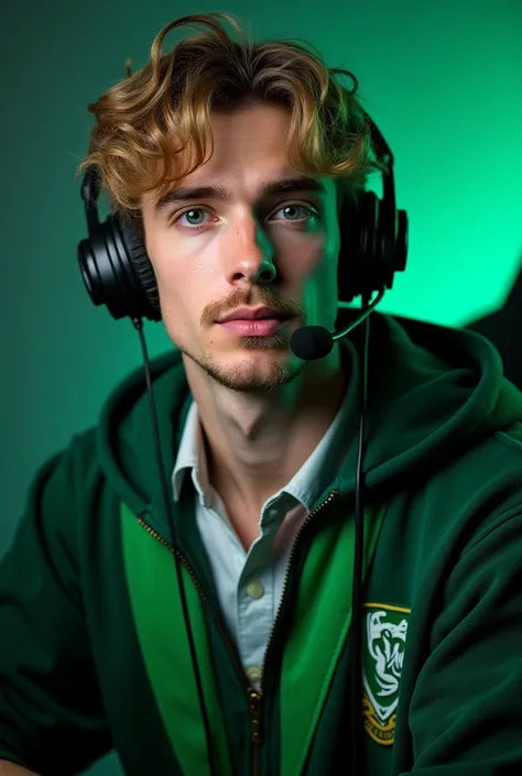 Occupation: Professional Gamer, Twitch StreamerAppearance: White Caucasian male with light brown hair, almost blonde, sporting a goatee. Slim and athletic build.Clothing: Slytherin robes with green and silver accents, paired with a gaming headset with a mi...